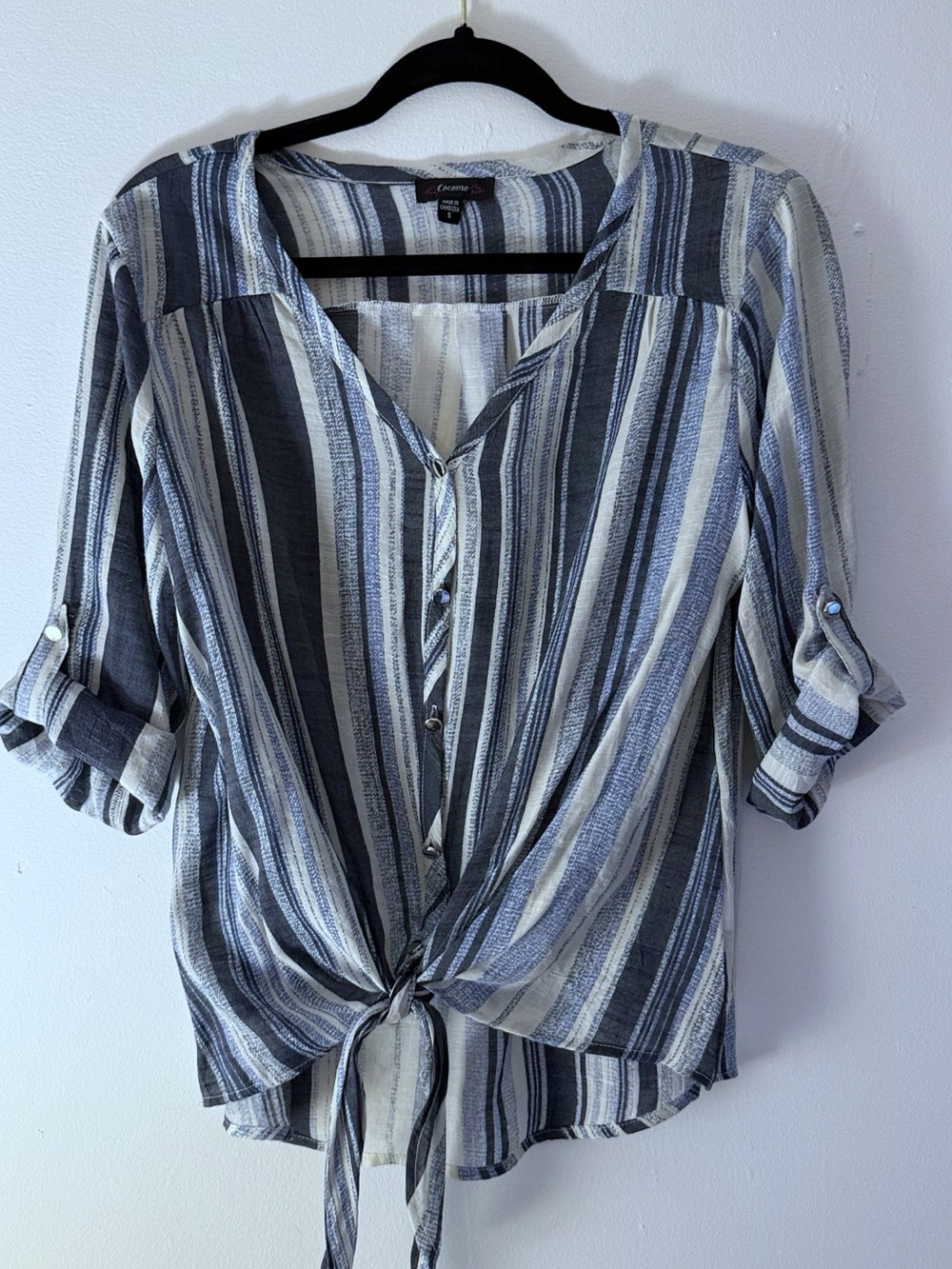 Cocomo Blue and White Striped Tie-Front Button Blouse